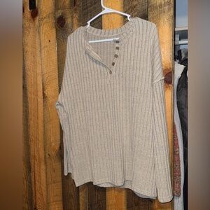 Cozy Beige Ribbed Sweater Top with Button Detail